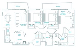 A floor plan of apartment with a balcony, two master bedrooms, a living room, a dining room, a kitchen, and a chef